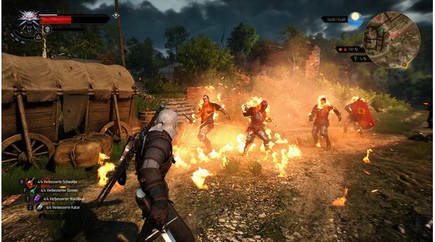 The Witcher 3: Hearts of StoneMit der richtigen Verzauberung springt unser Igni-Brandeffekt von einem Gegner zum nächsten.