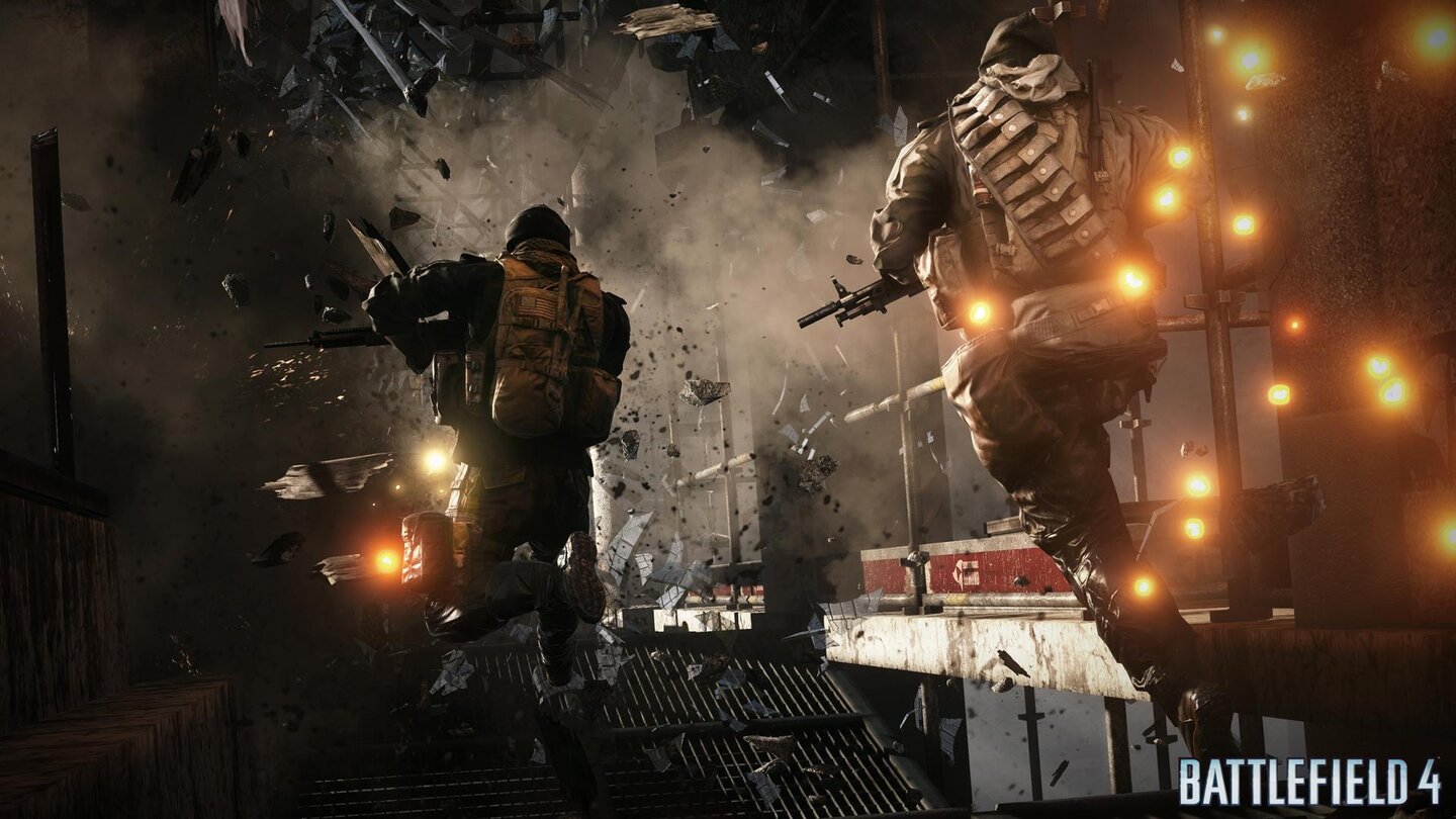 Battlefield 4Unter dem Beschuss des Helikopters stürzt die Baustelle in sich zusammen. Dabei werkelt ein verbesserte Zerstörungssystem in der Frostbite Engine 3.