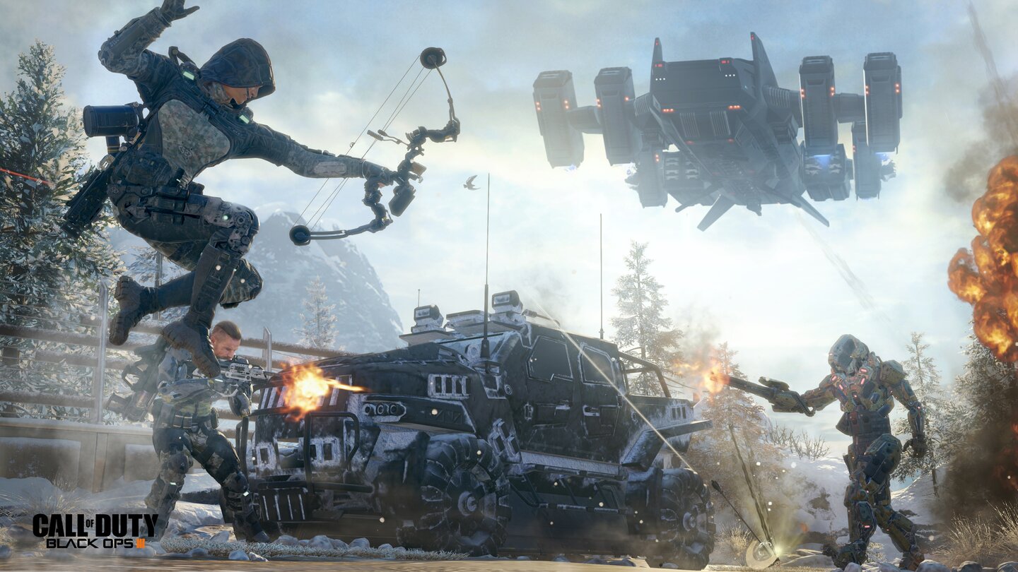 Call of Duty: Black Ops 3Direkt nach Advanced Warfare geht es mit Black Ops 3 von Treyarch erneut in die Zukunft. Doch statt Exo-Skelett und Privatarmee fokussiert sich das Spiel auf die Fortschritte in Biologie und Kybernetik und wie Soldaten sich willentlich Körperteile amputieren lassen, um sie durch effizientere Roboterteile zu ersetzen.
Wir übernehmen wie in den beiden Vorgängern einen Black-Ops-Soldaten, der für die USA Geheimoperationen rund um den Globus ausführt. Doch statt einen vorgefertigten Charakter dürfen wir aus einer Reihe an Helden auswählen. Und zwar mit bis zu drei weiteren Spielern, denn die Kampagne von Black Ops 3 lässt sich kooperativ angehen.
Im Mehrspieler hat Black Ops von MOBAs gelernt, wir übernehmen hier ebenfalls einen Charakter mit besonderen Fähigkeiten, die wir im Laufe der Partie benutzen dürfen. Die Talente müssen zu Partiebeginn aufladen, lassen uns aber kurze Teleportationen, Sprungangriffe oder Ein-Treffer-Schüsse nutzen.