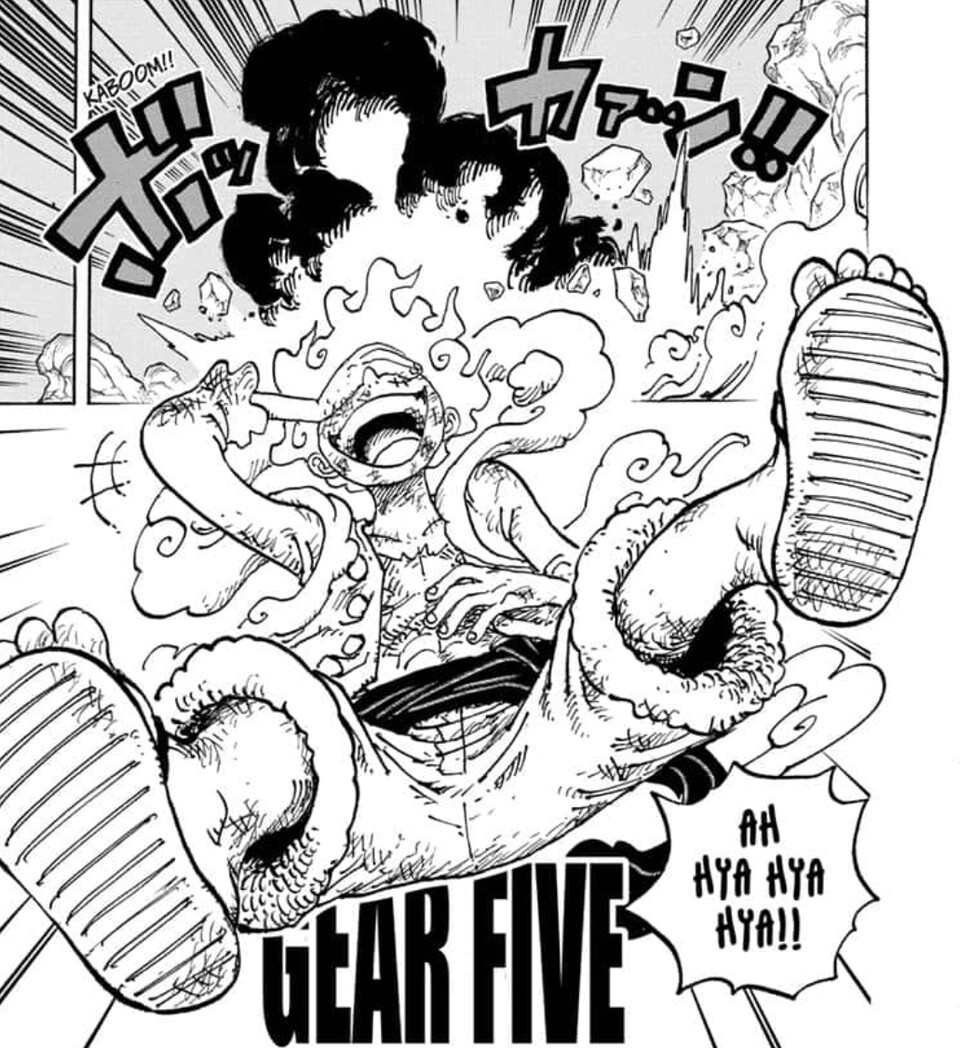 So sieht Ruffy nach seiner Verwandlung und dank Gear 5 aus (Bild: MangaPlus https:mangaplus.shueisha.co.jpviewer1012989)